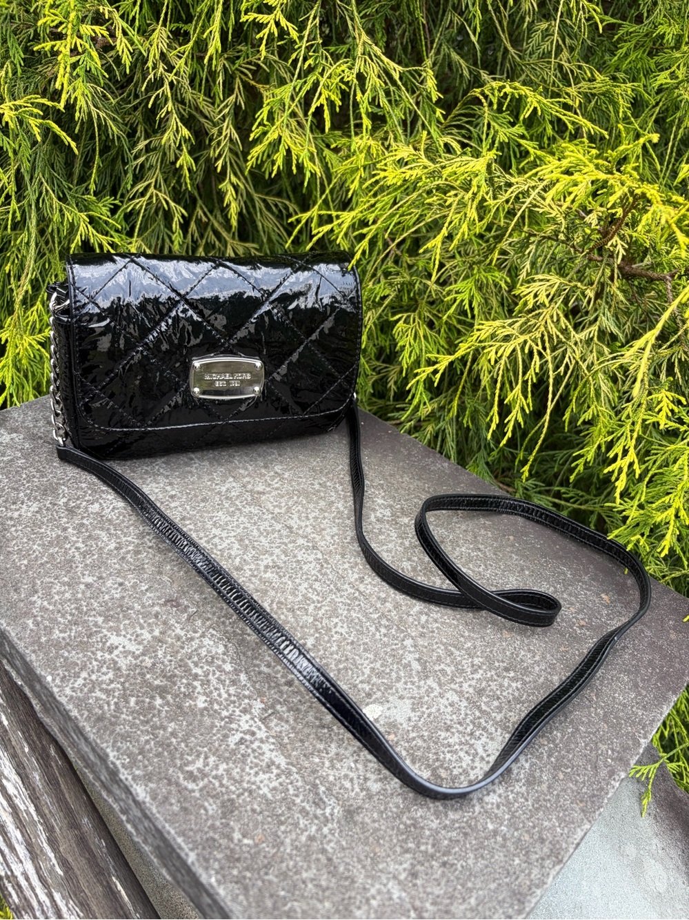 Michael Kors Black Patent Quilted Chain-Accent Crossbody/Wallet On Chain
